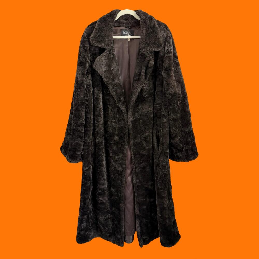 70's vintage dark brown plush faux fur dramatic mob wife coat LARGE